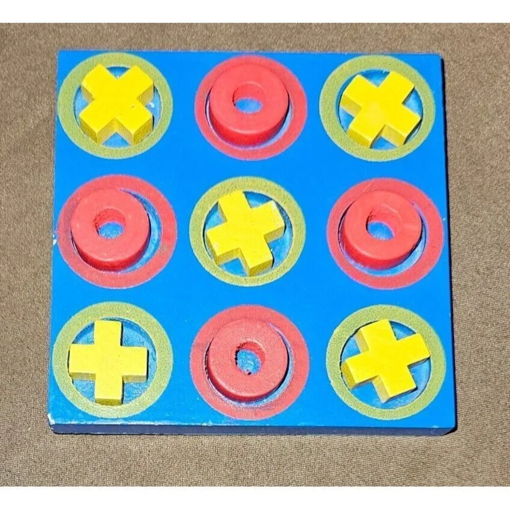 Small Wooden Tic Tac Toe Game Blue Red Yellow Devrian Travel COMPLETE
